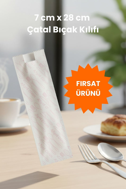 Beyaz Baskılı 7 cm x 28 cm Çatal Bıçak Kılıfı 10 KG